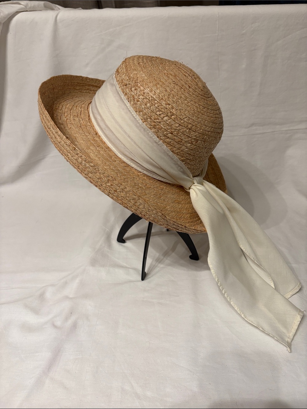 Lady Hagen Natural Straw Sun Hat with Cream Scarf